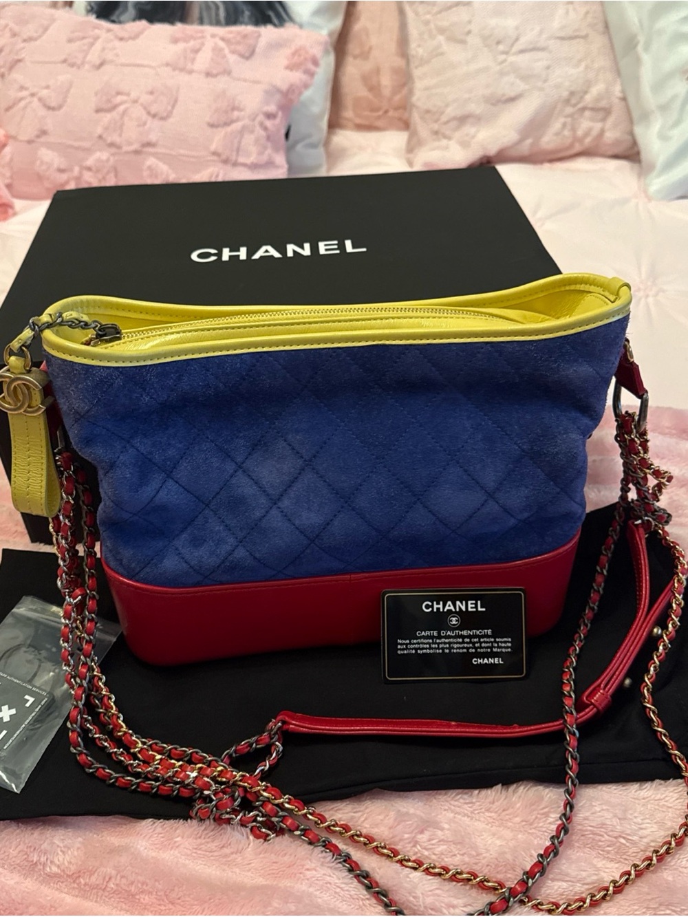 CHANEL Blue Suede Shoulder Bag with Red and Yellow Trim